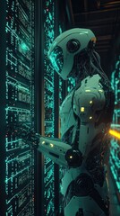 Poster - A futuristic robot interacts with a glowing data server, showcasing advanced technology and innovation in a digital environment.