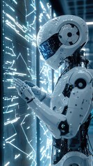 Poster - A futuristic robot interacts with a digital interface, showcasing advanced technology and artificial intelligence in a modern setting.