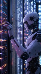 Poster - A futuristic robot interacts with a glowing server rack, showcasing advanced technology and digital innovation in a data center.