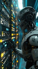 Poster - A futuristic robot interacts with a high-tech server, showcasing advanced technology and artificial intelligence in a digital environment.