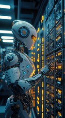 Poster - A futuristic robot interacts with advanced server technology in a high-tech data center, showcasing innovation and robotics.