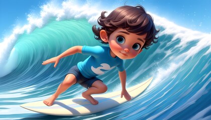 Wall Mural - Playful 3D cartoon boy catching waves on a surfboard