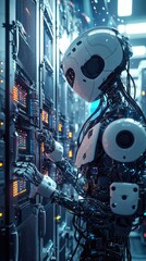 Poster - A futuristic robot interacts with high-tech server equipment in a modern data center, showcasing advanced technology and innovation.