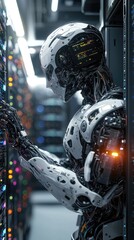 Poster - A humanoid robot interacts with high-tech server racks, showcasing advanced technology in a futuristic setting.