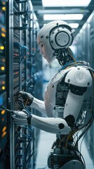 Poster - A humanoid robot interacts with server racks in a modern data center, showcasing advanced technology and automation.