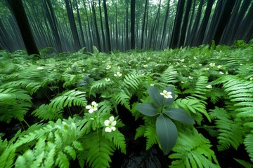 3D-rendered forest floor filled with lush green ferns and small wildflowers, where each plant moves naturally in the wind in a fully animated digital environment