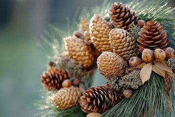 Wall Mural - Close-up of a Pine Cone Wreath with Green Needles