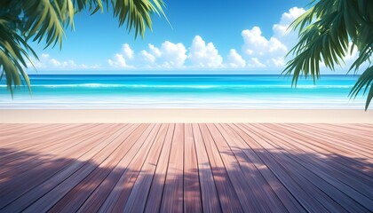 Coastal wooden platform against a serene beach backdrop