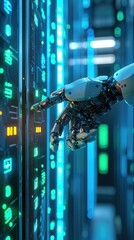 Poster - A robotic hand interacting with a digital server, showcasing the fusion of technology and artificial intelligence in data management.