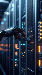 Poster - A robotic hand interacting with a server panel in a high-tech data center, showcasing advanced technology and automation.