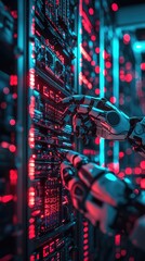 Poster - A robotic hand interacts with a server, showcasing technology and innovation in a futuristic data center environment.