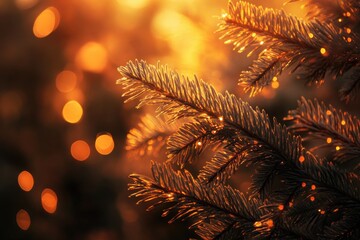 Sticker - Pine Tree Branch with Golden Bokeh Lights in the Background