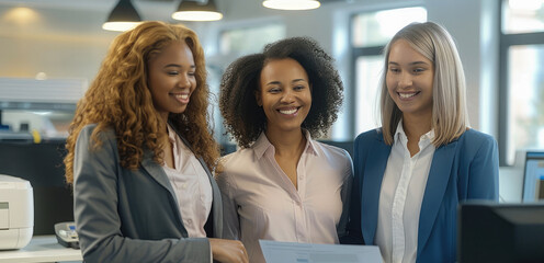 Leinwandbilder - Two business women in an office setting, smiling and looking at documents they have printed from their laser printer.