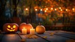 © zhou yan - Glowing Halloween pumpkins and flickering candles on a rustic wooden table in front of a window with autumn leaves at night. This atmospheric scene creates the perfect Halloween ambiance with warm lig