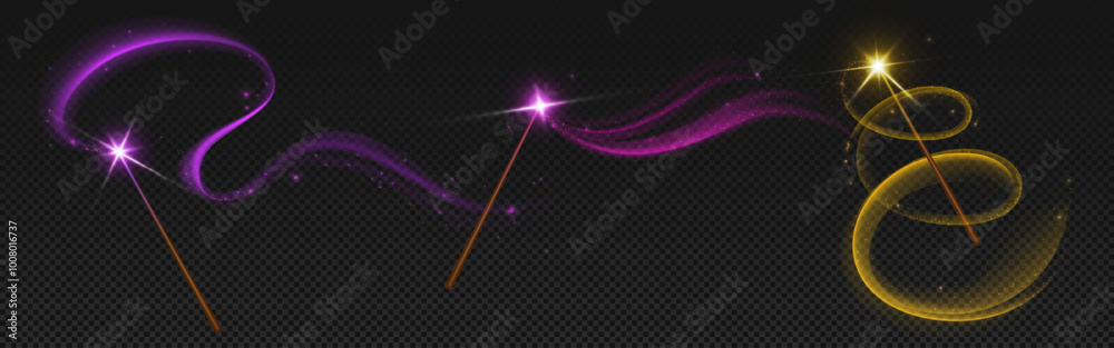 Wizard Magic Effect Realistic magic wand light. Wizard sparkle stick vector. Magician spell ...
