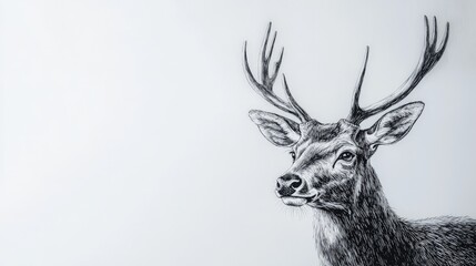 Wall Mural - pen and ink sketch, head of deer with full antlers, white background