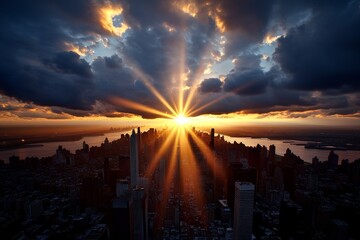 Wall Mural - A sunrise over a city skyline, with beams of light shining between the buildings, symbolizing the endless opportunities that tomorrow brings