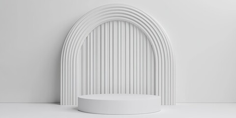 A minimalist, white setting featuring an arch and circular platform, showcasing modern design with clean lines and a soft aesthetic.