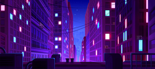 Night downtown street. Neon light city background. Perspective cityscape view with futuristic building. Abstract metaverse district scape with window glow. Cyber dark urban rooftop game panorama