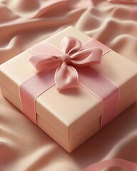 Elegant gift box with a pink ribbon on delicate silk fabric, perfect for celebrations and special occasions.