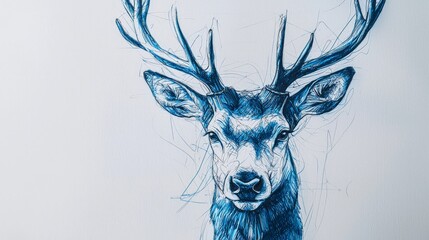 Wall Mural - pen and ink sketch, head of deer with full antlers, white background