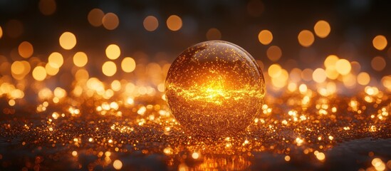 Poster - A glass sphere sits on a bed of shimmering golden lights, capturing the warm glow and creating a magical effect.