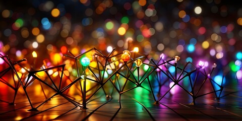 A symphony of vibrant orbs, nestled within an intricate web of interconnected lines, bathed in a dazzling array of bokeh lights, creating a captivating abstract composition.