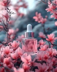 A delicate beauty serum bottle surrounded by vibrant pink flowers in a serene setting.