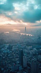 Wall Mural - Aerial view of a vibrant cityscape at sunrise, showcasing skyscrapers, waterways, and dramatic cloudy skies.