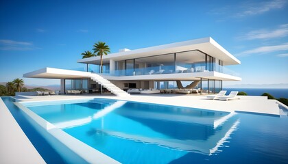 Wall Mural - Serene infinity pool under a blue sky adorned with fluffy white clouds next to a luxurious villa