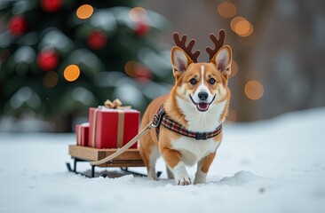 Wall Mural - A Corgi Welsh Pembroke dog with deer antlers on its head carries a wooden sled with gifts for Christmas. Christmas delivery concept