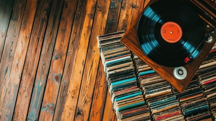 A vintage record player sits on a wooden table, surrounded by scattered vinyl records, evoking retro vibes and a nostalgic atmosphere