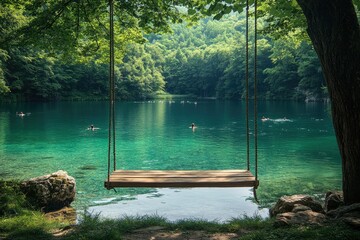 Wooden swing hanging over tranquil lake with people swimming in background