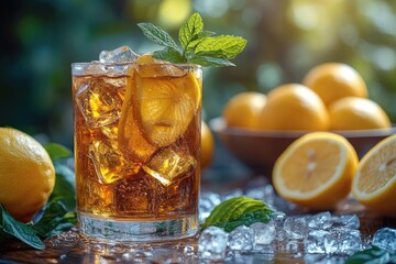 Refreshing iced tea with lemon and mint on wooden table