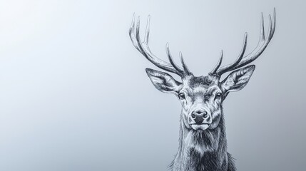 Wall Mural - pen and ink sketch, head of deer with full antlers, white background