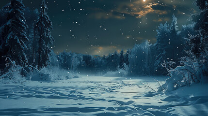 Poster - Winter, snowfield, forest, in the dark night.