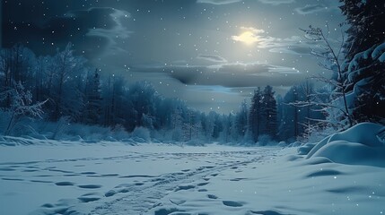 Poster - Winter, snowfield, forest, in the dark night.