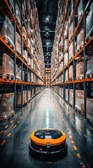 Poster - Automated robot navigating through a warehouse aisle surrounded by neatly stored pallets, showcasing modern logistics technology.