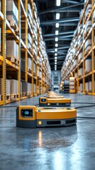 Poster - Automated robots operate in a modern warehouse, enhancing efficiency and productivity in inventory management and logistics.