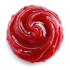 Strawberry sauce, circular splash swirl, isolated on a white background, showcasing its rich, sweet texture.