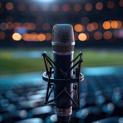 Poster - A single microphone on a stand in the middle of stadium at night.