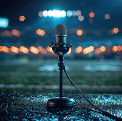 Poster - A single microphone on a stand in the middle of stadium at night.