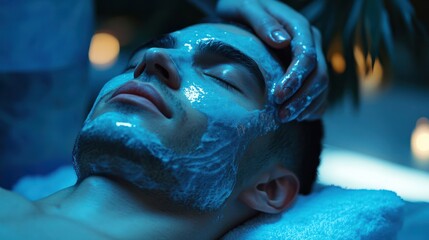 A cinematic moment capturing a man indulging in a luxurious facial treatment at a high-end spa, showcasing relaxation, elegance, and self-care in a serene environment.