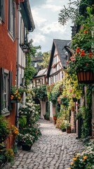 Charming cobblestone alleyway adorned with colorful flowers and picturesque houses, inviting exploration and tranquility.