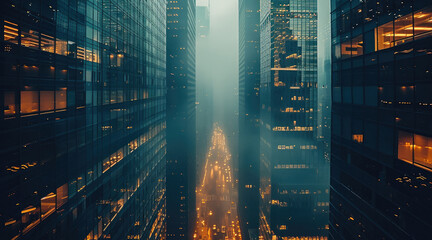 Aufkleber - A city with dense skyscrapers. Lots of glass and steel and reflections between buildings. Gritty.