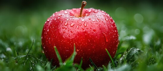 Canvas Print - A single red apple covered in water droplets sits on a bed of green grass.