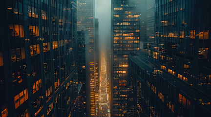 Wall Mural - A city with dense skyscrapers. Lots of glass and steel and reflections between buildings. Gritty.