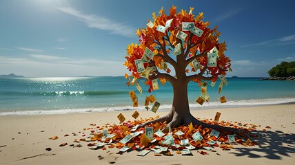 Wall Mural - Tree of prosperity with banknotes as leaves swaying by a vibrant beach, embodying wealth and the essence of financial freedom.