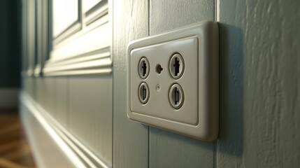 A close-up of a wall-mounted electrical outlet in a room.