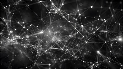 Poster - Abstract wave with moving dots and lines. Glowing white particles form delicate connections in a dark digital space